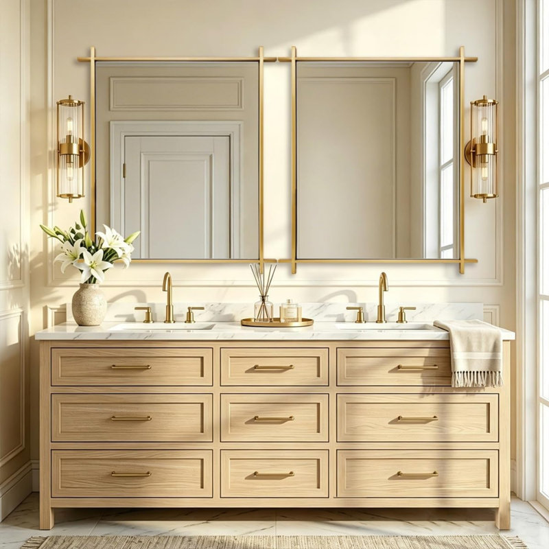 Vintage Cross Corner Rectangle Bathroom Vanity Mirror | Stainless Steel Frame, Brushed Gold, 36" x 30"