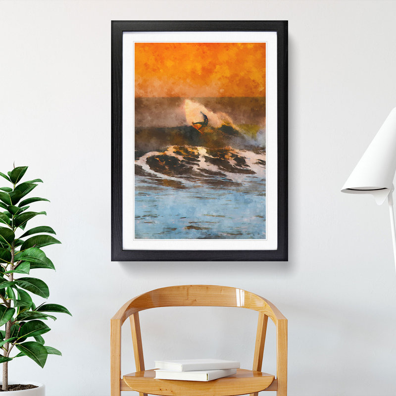 Surfing as the Sun Sets - Picture Frame Painting Print, Black Framed, 63cm H x 45cm W x 2cm D