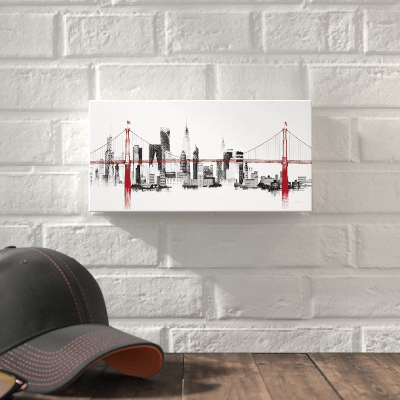 " Bridge And Skyline Red ", 6" H x 12" W x 2" D, Wrapped Canvas