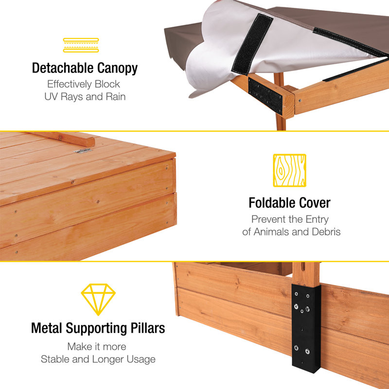 Natural Wood Kids' Sandbox with Cover and Bench