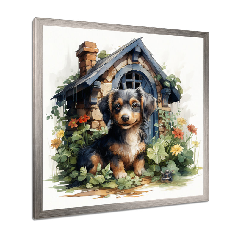 «Puppy Doghouse Blooms I», art mural chien, Cadre photo argenté, H 36 po x l 36 po x P 1,5 po
