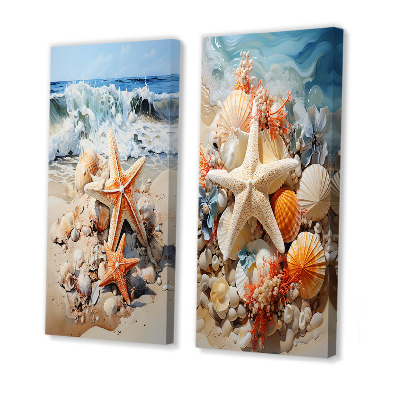 Étoile de mer sur la plage II - ensemble de 2 reproductions d'art mural bord de mer tropical, Toile tendue, H 32 po x l 33 po