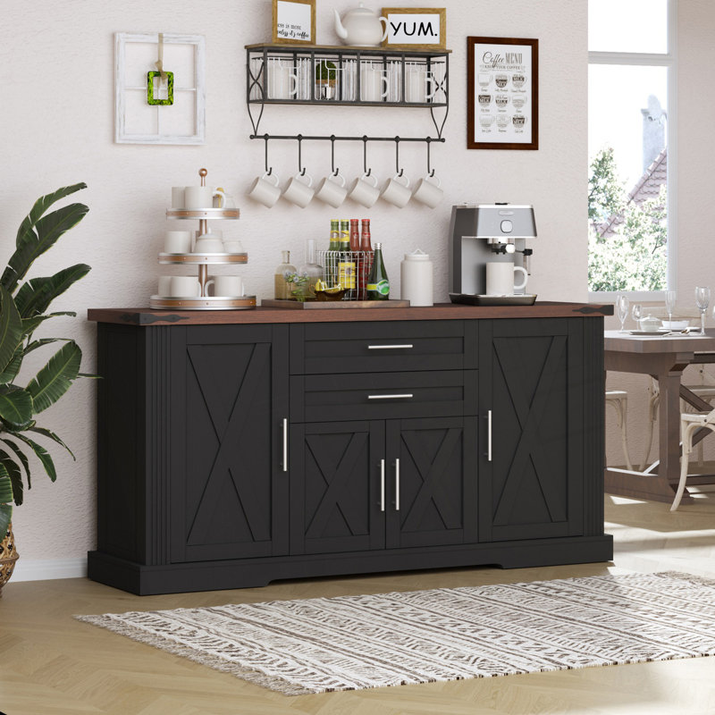 63" Farmhouse Storage Cabinet with 2 Drawers & Door Rack, Large Buffet Table Coffee Bar Cabinets with Adjustable Shelves