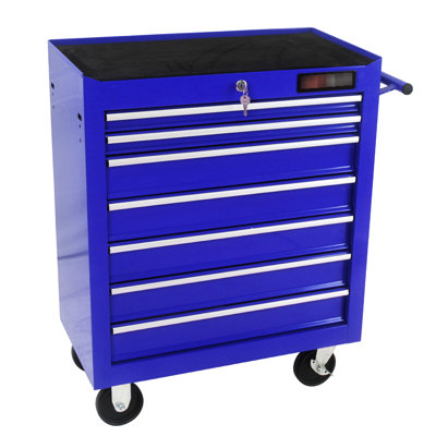 7 Drawers Tool Trolley In Blue, Multifunctional, Steel Construction, Powder Coated, 4" With Brakes, Key Locking Workshop Steel, Parking