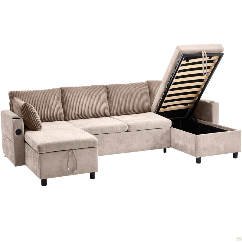 Canapé-lit modulaire escamotable avec grand espace de rangement, deux ports USB et deux porte-gobelets, Chenille brun