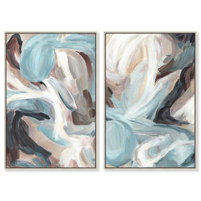 Modern Shapes Diptych Canvas Print Blue and Sage Art Set by Art Remedy, Black Frame, 10 x 15