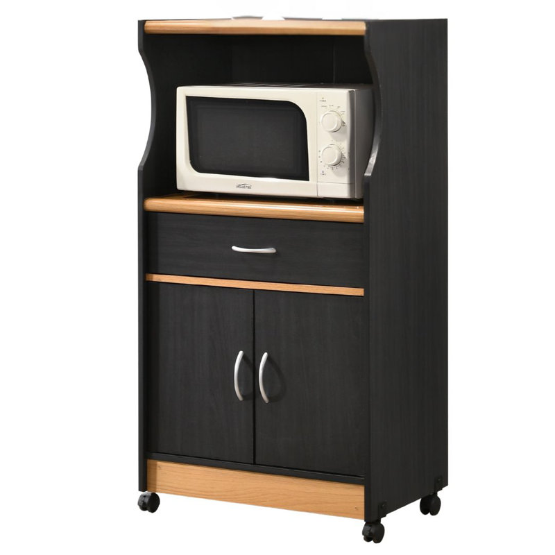 Rolling Kitchen Cart with  Microwave Shelf, Utensil Drawer, Interior Cabinet Storage Space and Locking Wheels, Black