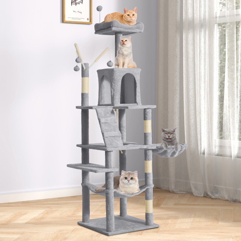 Arbre à chat 64,5 "à niveaux multiples avec poteaux à griffer, hamac perchoir et boules suspendues ludiques, Beige