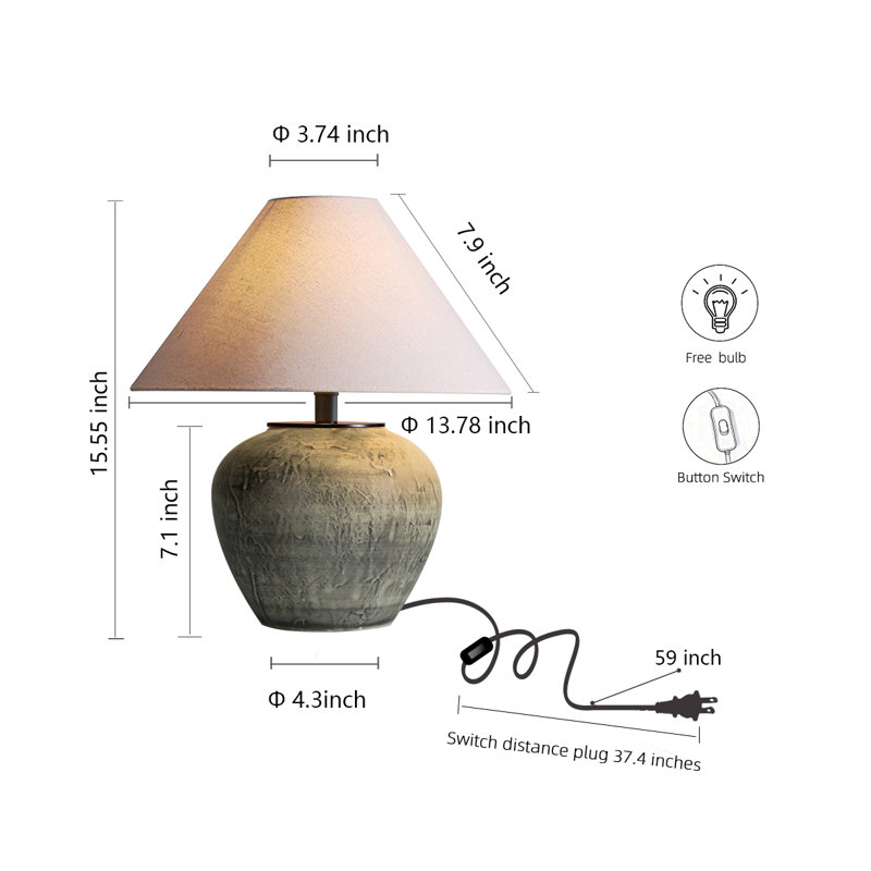 Handcrafted Earthenware Table Lamp With Linen Shade – Rustic Farmhouse Accent Lamp With Included Bulb For Bedroom Or Living Room