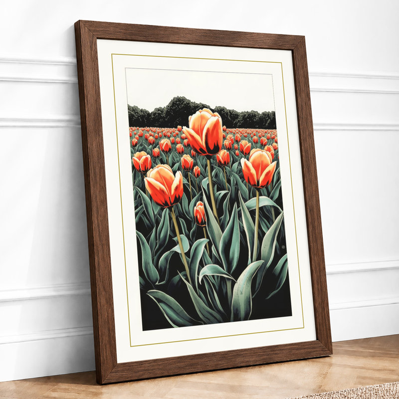 Tulip Fields Botanical - Framed Print, A2 - 59.4 x 42.0 cm, Walnut