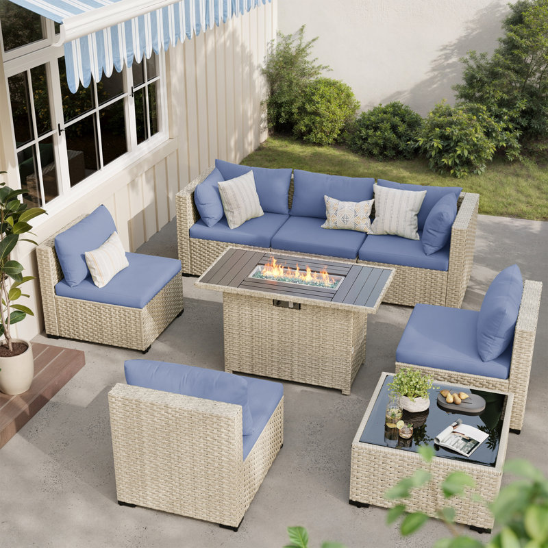 Ensemble de conversation de patio 8 pièces avec foyer, table basse et coussins, Bleu brume