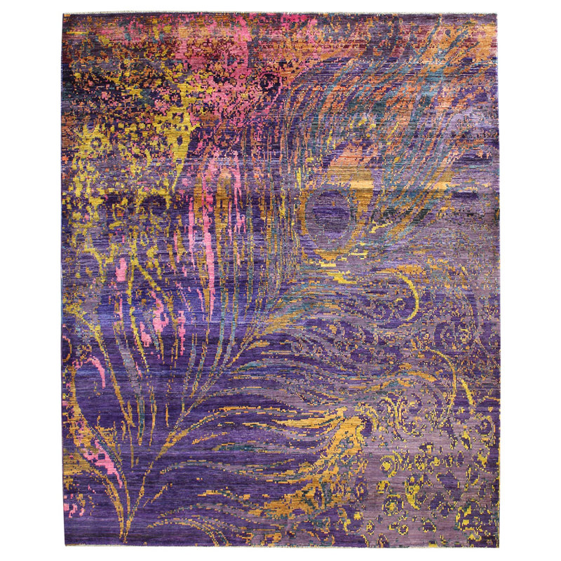 Tapis unique mauve / aubergine / rose / jaune tissé à la main de 8 pi 1 po x 10 pi