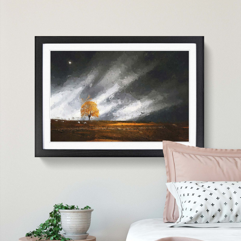 Lone Tree at Dusk in Abstract - Picture Frame Graphic Art Print, 60cm H x 91cm W x 2cm D, Black