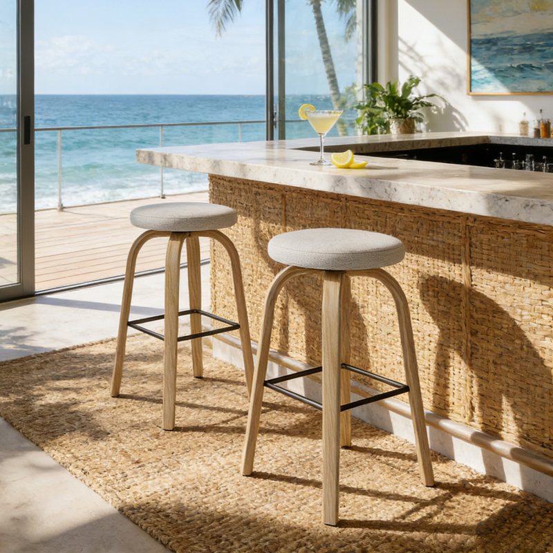 Ensemble de 2 tabourets de bar pivotants de style moderne 26 po avec siège rembourré en tissu et pieds robustes en bois pour les bars, les restaurants