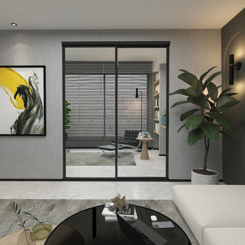 Paravent à panneau coulissant en verre transparent - Structure en aluminium avec technologie Silent Glide, Noir mat, 2