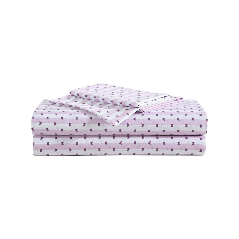 Betsey Johnson Printed Novelty Sheet Sets, Queen Sheet Set with 2 Standard Pillowcases, Butterfly Stripe Purple