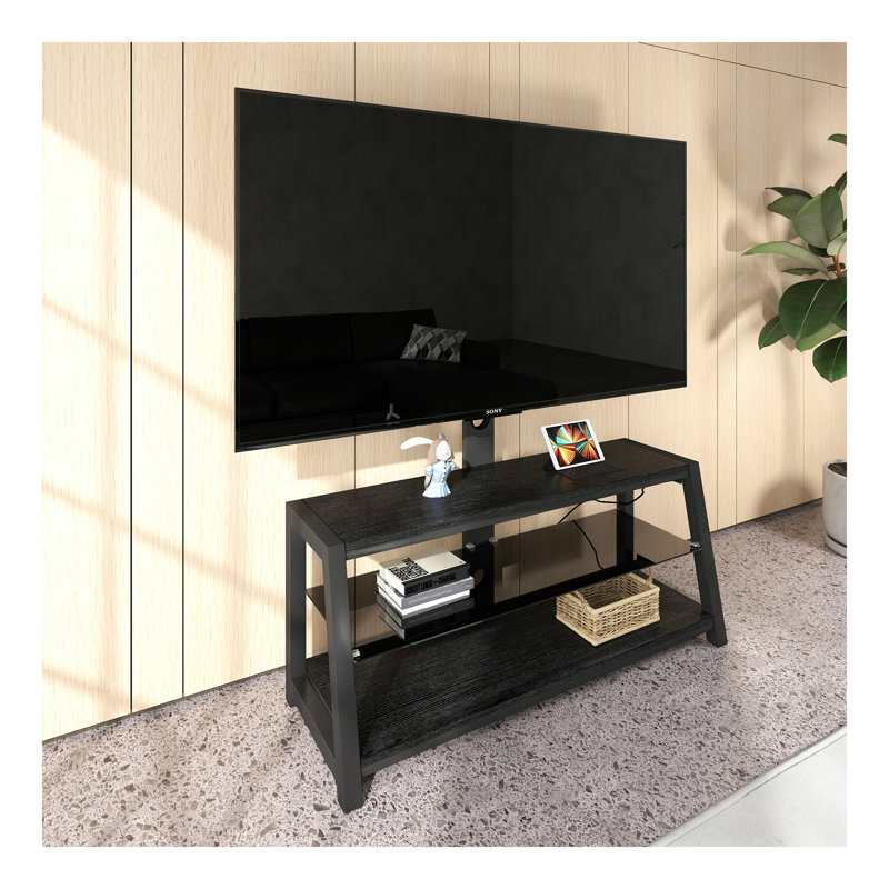 Meuble télé avec rangement en bois et plateau en verre trempé noir