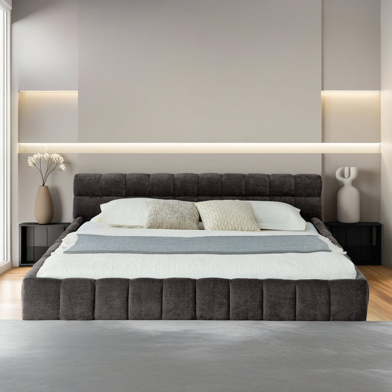 Modern Elegant Luxury Chenille Thick Fabric Upholstered Platform Bed Frame, Dark Grey