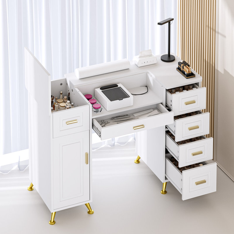 Manicure Table with Removable Panel, Nail Tech Desk with Dust Collector, Drawers & Storage, Nail Station for Salon or Home Studio