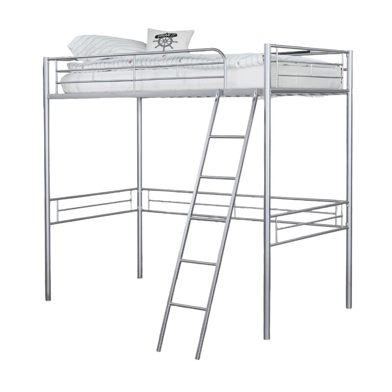 Lit mezzanine simple argenté contemporain avec structure en métal et attaché, libérant de l'espace au sol pour le bureau