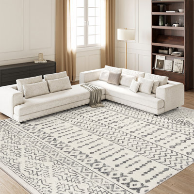 Ultra-Thin Moroccan Washable Rug, Anti-Slip Backing Rugs for Living Room (Ivory)