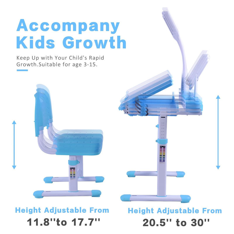 Ensemble de bureau et de chaise Modern Kids avec hauteur réglable, bureau inclinable et lampe DEL amovible, table d'étude bleue et blanche pour enfants