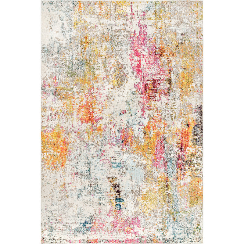 Vita Colorful Abstract Power Loom Performance Yellow/Cream/Pink Rug, Rectangle 7'10" x 10'10"