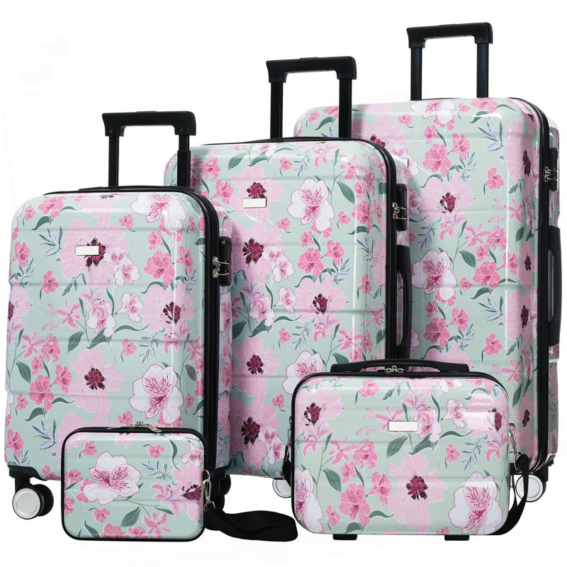 Ensemble de valises 5 pièces, valises rigides et légères 20 "24" 28 "avec étuis 8" 14 ", Green & Pink Flower