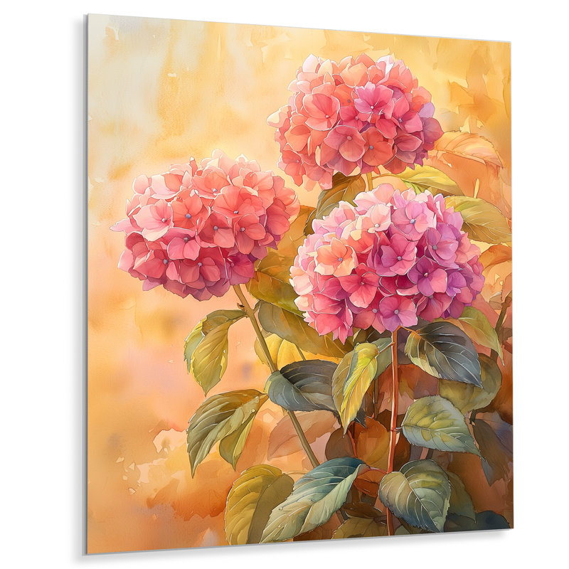 Hortensias dans un jardin ensoleillé II - reproduction d'art traditionnelle en métal, hydrangées en métal, H 20 po x l 12 po