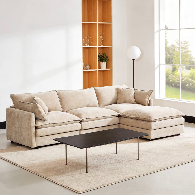 3-Seater Comfy Cloud Couches With Movable Ottoman, Coffee