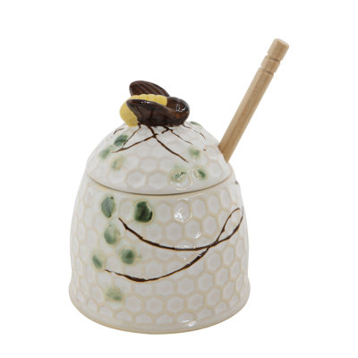 Hand-Painted Stoneware Bee Skep Honey Jar with Wooden Honey Dipper