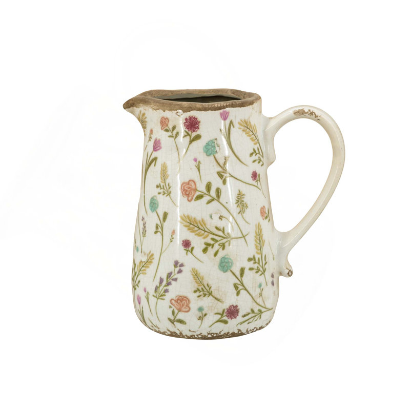 6.3X4.5X7.1" Round Ceramic Pitcher Vase With Multi-Colored Floral Motifs, Multicolor, 7.1" H x 6.3" W x 4.5" D