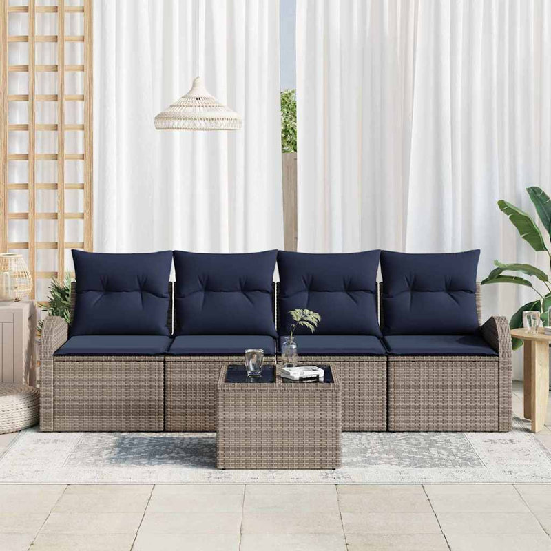  Ensemble de canapé de jardin 5 pièces 55 x 55 x 37 cm en rotin de polyester gris, Coussin bleu marine / structure grise