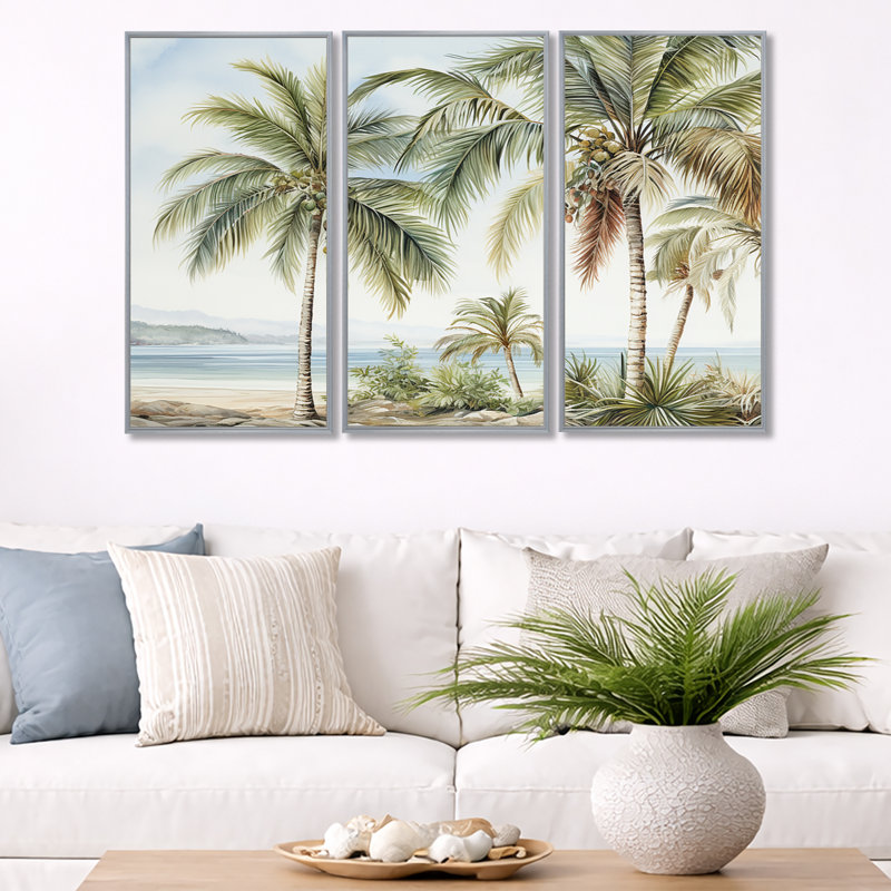 Ensemble de salon Palms Palm Trees On The Beach V - Palmiers et palmiers, H 32 po x l 48 po, Cadre argenté flottant