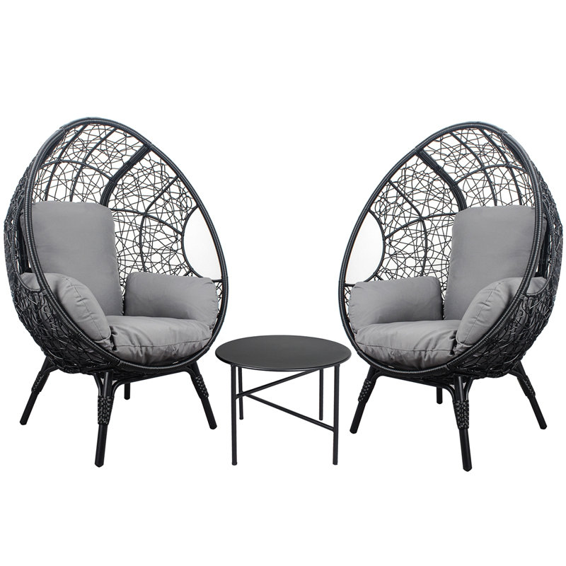 Ensemble de 3 chaises à œufs pour patio (modèle 3) avec table d'appoint en rotin et coussin