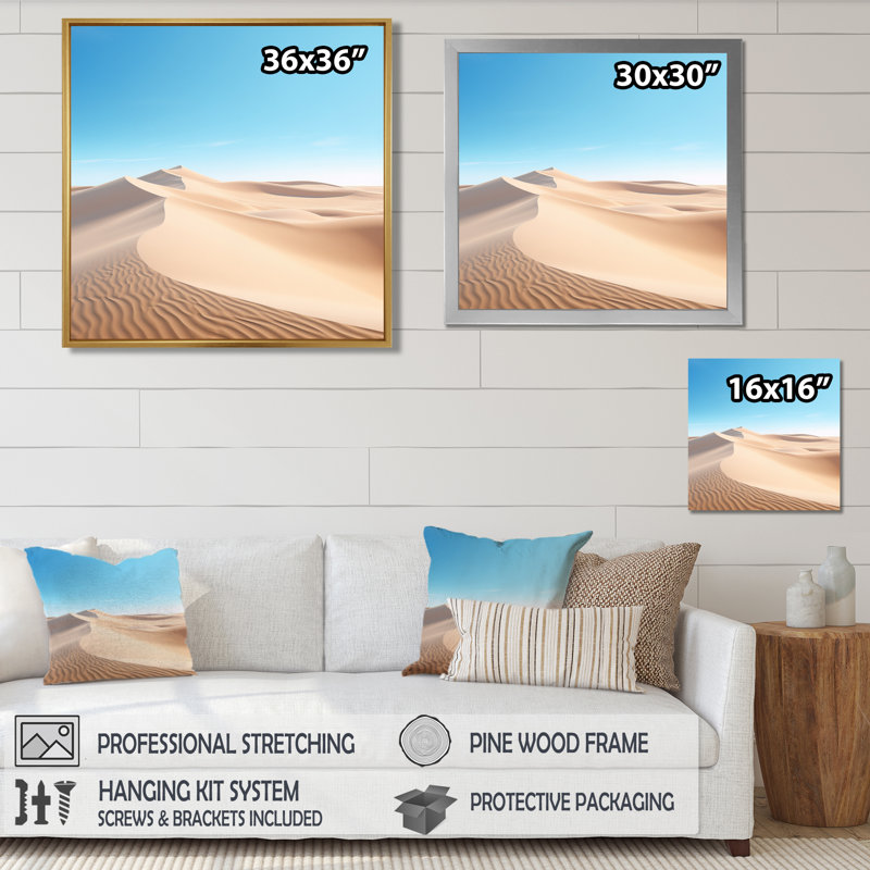 Ciel bleu au-dessus des dunes du désert - décoration murale désert, Toile avec cadre flottant brun