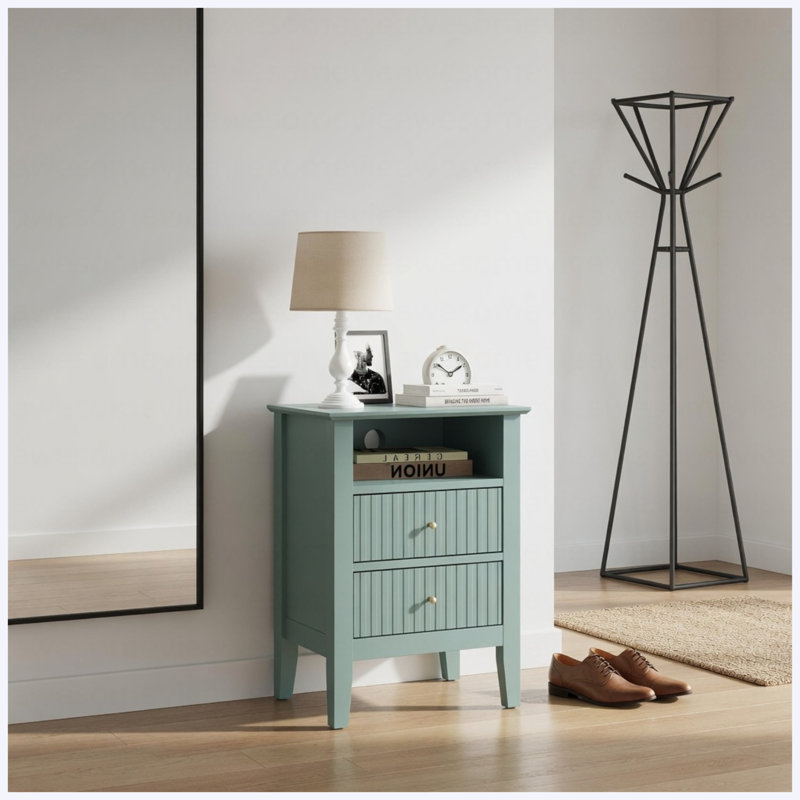 Table de chevet cannelée verte 18 po avec 2 tiroirs, table de chevet de chambre à coucher moderne, table de bout avec canapé et rangement
