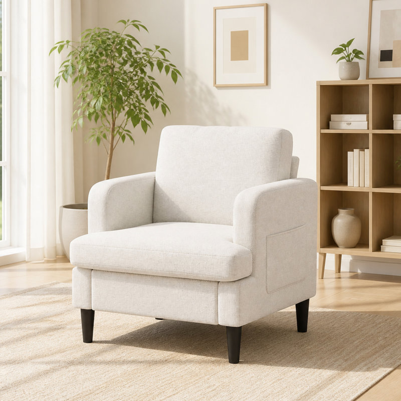 Fauteuil d'appoint rembourré de 74 cm de large avec poche de rangement latérale, Beige