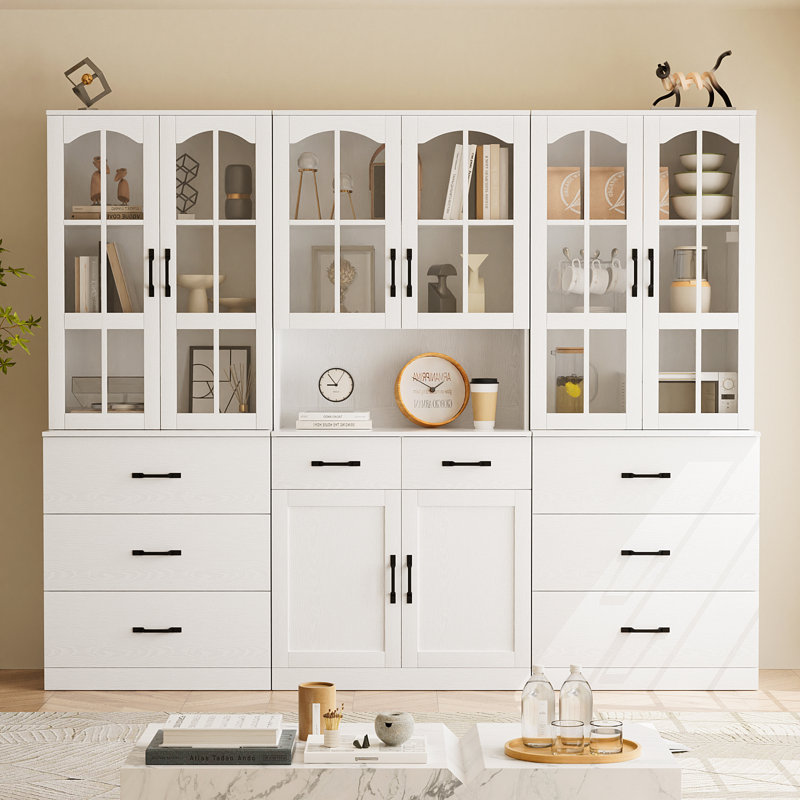 78.7" Modern Farmhouse China Cabinet & Buffet Hutch, Extra Large White Display Bookcase With Storage Drawers For Kitchen, Dining & Home Office