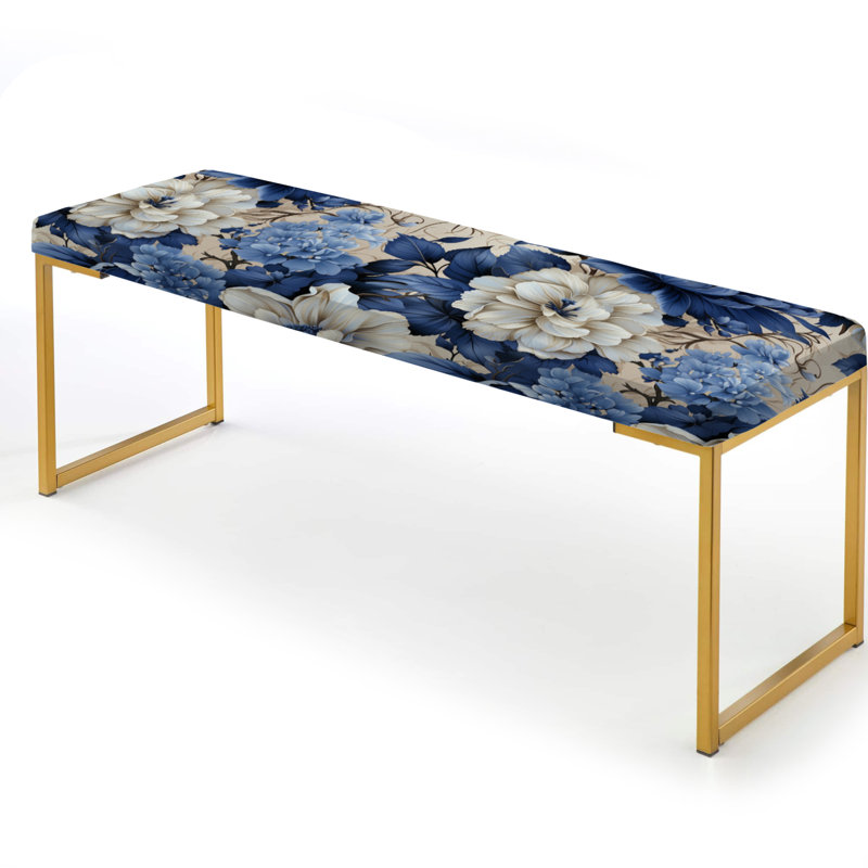 Banc rembourré damassé doré, Motif victorien cobalt bleu feuillage