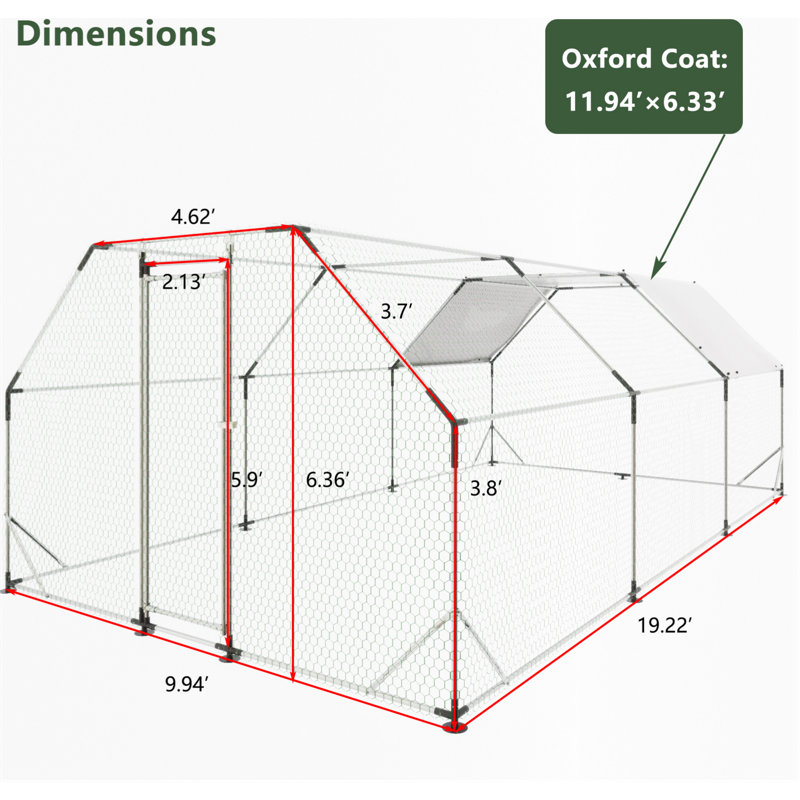 Grande cage de poulailler en poulailler, H 76,32 po x l 230,64 po x P 119,28 po