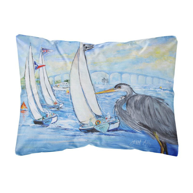 Coussin décoratif intérieur/extérieur bleu héron voiliers chiens river bridge