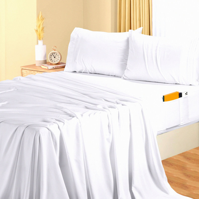Luxury Soft Microfiber Queen Sheet Set - 4 Piece Hotel Bed Sheets with Deep Pockets, Embroidered Pillow Cases, Side Storage Pocket - White