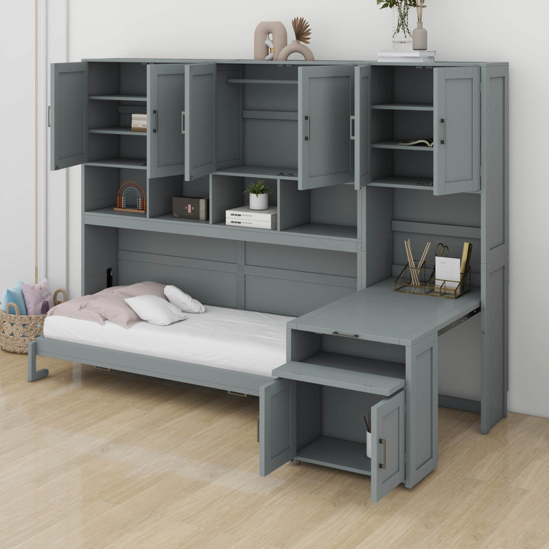 Lit escamotable simple, cadre mural en bois avec placard, tiroirs et bureau, Gris