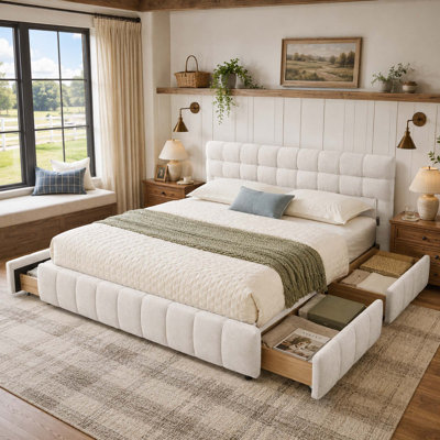 Lit plateforme tapissier en chenille moderne avec quatre tiroirs sous le lit