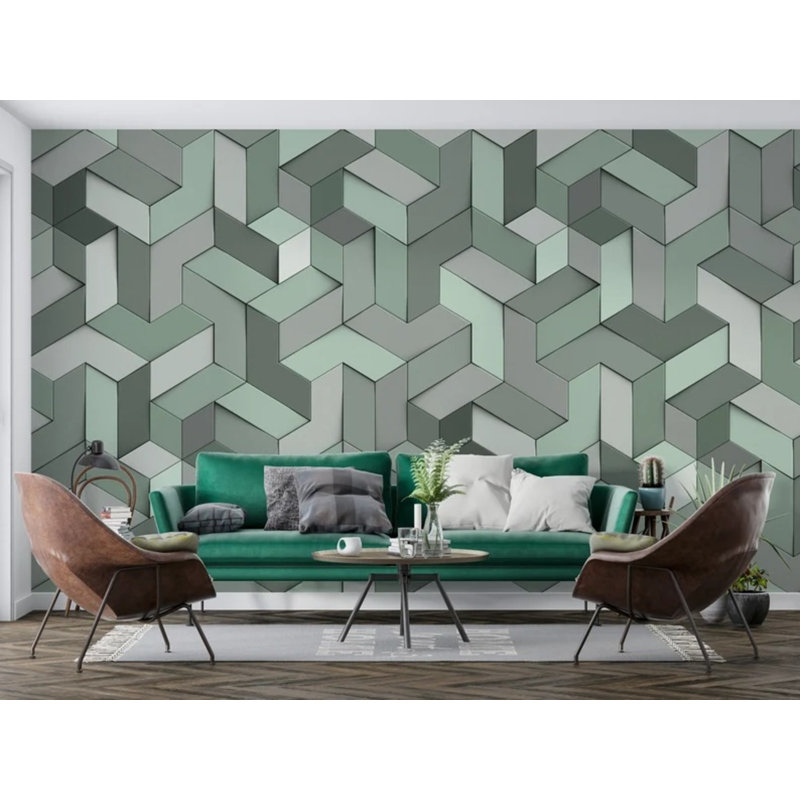 3D Isometric Cube Geometric Wallpaper – Modern Interlocking Block Pattern in Sage Green and Grey, 105.96" L x 138" W