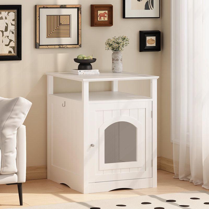 Enceinte de litière moderne en bois avec tablette de rangement et armoire cachée pour l'intérieur.