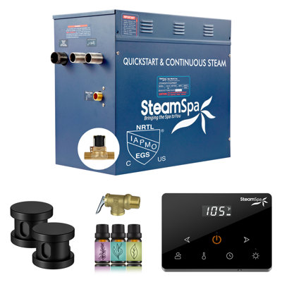 Générateur de bain de vapeur Oasis Series 12KW avec contrôle continu de la vapeur sans fil et auto-drain en noir mat