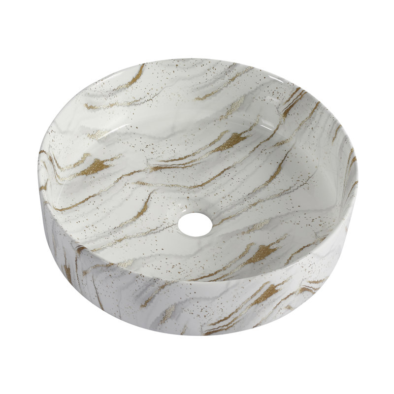 Lavabo de salle de bain rond en céramique, Blanc / Doré