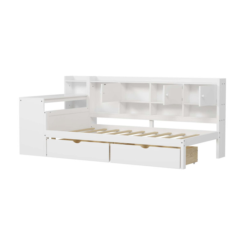 Wooden L-Shape Daybed With Seven Storage Cabinets And Two Storage Drawers, Multi-Functional Bed With Study Desk And Built-In Bookshelf